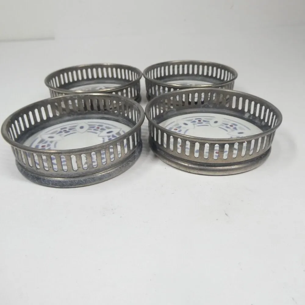 4 Coasters Set Vintage Ceramic Geometric With Pierced Metal Rim